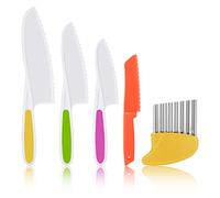 AKlamater 5PCS Kitchen Safety Knives for Kids, Children's Cooking Knives in 4 Sizes, Plastic Cutting Board Grip Serrated Edges for Vegetables Fruits Salad Cake (Orange)