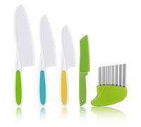AKlamater 5PCS Kitchen Safety Knives for Kids, Children's Cooking Knives in 4 Sizes, Plastic Cutting Board Grip Serrated Edges for Vegetables Fruits Salad Cake(Green)