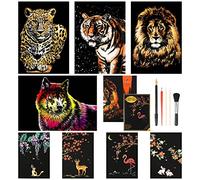 AKlamater 8pcs Scratch Art Paper Animals Rainbow Painting Sketch Art Craft Scratch Scratchboard for Adult and Kids with 5 Tools (A4/A5 Size)