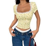 AKLOPVII Women Y2k Ditsy Floral Lace Trim Crop Tops Yellow Cute Scoop Neck Tight Fitted Short Sleeve T Shirts Going Out, Yellow, M