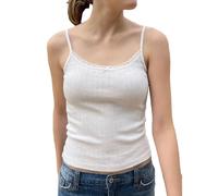 AKLOPVII Women Y2K Lace Patchwork Bow Pointelle Knit Crop Cami Tops Sleeveless Spaghetti Strap Slim Fit Minimalist Tank, White, S