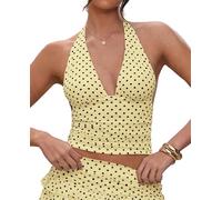 AKLOPVII Women Y2k Sexy Polka Dot V Neck Mesh Halter Crop Tops Cute Off Shoulder Sleeveless Tie Up Ruched Tank Going Out, Yellow, S