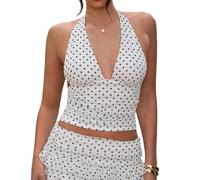 AKLOPVII Women Y2k Sexy Polka Dot V Neck Mesh Halter Crop Tops Cute Off Shoulder Sleeveless Tie Up Ruched Tank Going Out, White, L