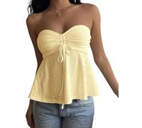 AKLOPVII Women Y2k Vintage Yellow Eyelet Ruched Crop Tube Tops Cute Strapless Drawstring Tie Flared Bandeau Going Out, Yellow, S