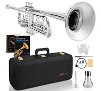 AKLOT Hand-Hammered Bell Bb Trumpet: Smooth Valve Action, Clear Lacquer Finish, Adjustable Tuning Slides, Complete Beginner Set with Leather Case, Lesson Book, Trumpet Mute, Cleaning Kit (SNR BrzSS)