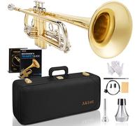 AKLOT Hand-Hammered Bell Bb Trumpet: Smooth Valve Action, Clear Lacquer Finish, Adjustable Tuning Slides, Complete Beginner Set with Leather Case, Lesson Book, Trumpet Mute, Cleaning Kit (SNR BrzED)