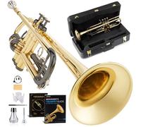 AKLOT Hand-Hammered Bell Bb Trumpet: Smooth Valve Action, Clear-Lacquered Brass Body, Standard Trumpet Beginner Set with Leather Case, Lesson Book, Trumpet Mute, Mouthpiece, Cleaning Kit (SNR-BrzBG)