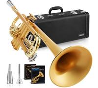AKLOT Weighted Leadpipe Bb Trumpet: Electroplated Nickel Pistons, Brushed Matte Gold, Leather Finger Guard, Weighted and Standard Trumpet Mouthpieces, Stylish Leather Case, Lesson Book (SNR-VirtSF)