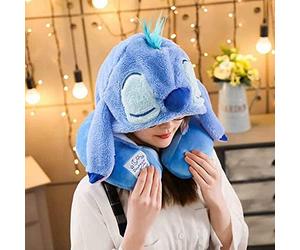 Akls U Shaped Neck Pillow with Cute Cartoon Animal 2 in 1 Cap Cozy Travel Cushion Head Stress Relief, Polyester, Airplane Home Car Seat Office Gifts,Stitch