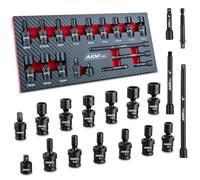 AKM Tool 1/4" Drive Universal Impact Socket Set, 18 Piece Swivel Socket Set, Universal Joint Wobble Socket 6-Point, Metric, 5-15mm, Cr-Mo, with Extension Bars, Socket Adapter, Drill Bit Adapter