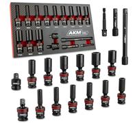 AKM TOOL 3/8" Drive Universal Impact Socket Set, 17 Piece Deep Swivel Socket Set, Wobble Sockets, Flexible, 6-Point, Metric, 8-19mm, Cr-Mo with 3" 6" Extension Bars and Adapter