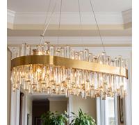 AKMNBDH Brass Gold Linear Oval Crystal Chandelier 80×30cm, 16-Light Luxury Retro Dimmable K9 Crystal Pendant Light, Adjustable Wire Cable Hardwired Long Ceiling Chandelier for Rectangular Dining Room