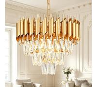 AKMNBDH Gold Chandelier, 5-Light Glam Crystal Chandelier, Modern 3-Tier Raindrop Flush Mount Ceiling Pendant Light Fixture for Living Room Bedroom Dining Room Kitchen Island