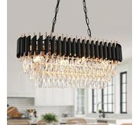 AKMNBDH Modern Black and Gold Crystal Chandelier Luxury Rectangular Raindrop Crystal Chandelier Pendant Light Fixture for Dining Room Living Room Kitchen Island L80cm 8-Lights（Bulbs Not Included）