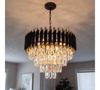 AKMNBDH Modern Black and Gold Crystal Flush Mount Chandelier, 7-Light W50cm E14 Ceiling Light Fixture for Dining Room Foyer Entryway Living Room Bedroom Kitchen, Energy Class F