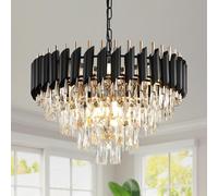 AKMNBDH Modern Black and Gold Round 4-Tier K9 Crystal Chandelier W20 7 E14 Bulb Base Pendant Light Ceiling Fixture for Dining Room, Bedroom Foyer Living Room Kitchen Island Elegant Hanging Lighting