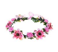 AKOAK 1 Pack Flower Crown Girl Floral Headpiece, Bohemian Flower Crown, Adjustable Flower Headband with Garland, for Weddings, Baby Showers, Family Photos and Fancy Parties (Pink)