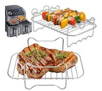 AKOFIC 2 Pcs Air Fryer Rack for Ninja Dual, Layered Dehydrator Rack with 4 Skewers, 304 Stainless Steel Air Fryer Air Fryer AF300UK AF400UK Accessories for Ninja, Salter, EMtronics Dual Air Fryer