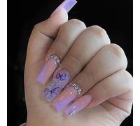 AKOFIC 24 Pcs Coffin False Nails Long, Ballerina Press on Nails No Glue, Glossy Purple Fake Nails with Butterfly Rhinestones Design, Reusable Full Cover Stick on Nails for Women Girls DIY Nail Art