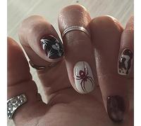 AKOFIC 24Pcs Short Oval French Press-On Nails With Adhesive Tabs, Gothic Glossy Fake Stick-On for Women No Glue, Girls Daily Wear Manicure Salon