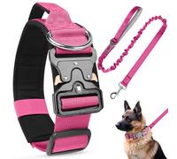 AKOFIC Tactical Dog Collar, Heavy Duty Wide Dog Collar with Handle and Soft Padded, Adjustable Comfortable Pet Collar for Small Medium and Large Dogs Training (Rose Red + Leash, XL)