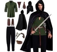 Akokvlar 10 Pcs Men Renaissance Costume Medieval Pirate Shirt Ankle Banded Pants Viking Outfit Set, Amy Green, XX-L