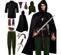 Akokvlar 10 Pcs Men Renaissance Costume Medieval Pirate Shirt Ankle Banded Pants Viking Outfit Set, Black&green, Medium