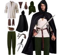 Akokvlar 10 Pcs Men Renaissance Costume Medieval Pirate Shirt Ankle Banded Pants Viking Outfit Set (X-Large, Green)