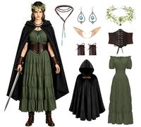 Akokvlar 8Pcs Medieval Renaissance Costume Vintage Elf Dress for Women with Accessories, Green, Large