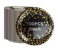 AKOLAFE 100 Black Paper Plates 9-Inch, Black and Gold Party Dishes, Disposable Round Dots Dinner Plates for Birthday, Wedding