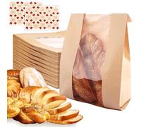 AKOLAFE 100 Pcs Bread Bag Paper Bread Storage Bag with Window, 35x21x10cm Reusable Bread Bags for Homemade Bread, Kraft Paper Bakery Bags with 105 Sealing Stickers for Bread Cookies Snacks Storage