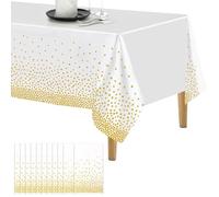 AKOLAFE 15 Pack Gold Dot Tablecloths Plastic Tablecloth Disposable Wipeable Tablecloths for Parties 137x274 cm Table Covers White Party Tablecloth Rectangular Table Cloths for Picnic Wedding Birthday