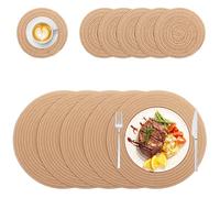 AKOLAFE 20 Pack Woven Placemats Place Mats for Table 30cm and 11cm Round Gold Placemats and Coasters Braided Woven Place Mat Table Mats for Kitchen Dining Restaurant Tables
