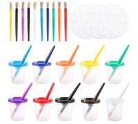 AKOLAFE 20PCS Paint Brushes in 10 Colors, 10PCS Assorted Colored Anti Spill Paint Pots with Lids and 3 Colour Palettes, Paint Cups with Brushes Toddler Paint Brushes Painting Set for Toddler Painting