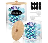 AKOLAFE 2PCS Laundry Pods Storage Container with Labels Plastic Washing Powder Storage Container Laundry Detergent Dispenser with Bamboo Lid for Washing Pods, Bath Bombs, Scent Booster