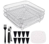 AKOLAFE 3 Pack Air Fryer Rack Square for Ninja, 8 Inch Stainless Steel Air Fryer Accessories 3 Layer Stackable Airfryer Rack Set Dehydrator Rack, Including 8 Silicon Feet, 200 Parchment Paper