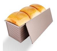 AKOLAFE Loaf Tin 2lb(1000g) Large Bread Tin Non Stick Pullman Loaf Tin with Lid Gold Bread Tin Carbon Steel Loaf Pan Loaf Tins for Baking Bread, 32x12x11 CM