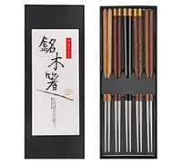 AKONEGE 5 Pairs Reusable Chopsticks Wood Splicing Stainless Steel Chopsticks Metal Chopstick Lengthen Japanese Korean Chop Sticks Gift Set, 25CM