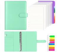 AKONEGE A5 Ring Binder 6 Ring PU Leather Refillable Notebook with 135PCS A5 Refill Papers, 3PCS Binder Pockets, 6PCS Index Dividers, Sticky Tabs, Planner Organizer for Travel Work School, Light Green