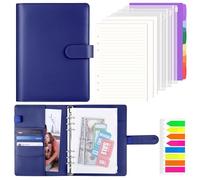 AKONEGE A5 Ring Binder 6 Ring PU Leather Refillable Notebook with 135PCS A5 Refill Papers, 3PCS Binder Pockets, 6PCS Index Dividers, Sticky Tabs, Planner Organizer for Travel Work School, Navy Blue