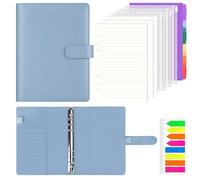 AKONEGE A5 Ring Binder 6 Ring PU Leather Refillable Notebook with 135PCS A5 Refill Papers, 3PCS Binder Pockets, 6PCS Index Dividers, Sticky Tabs, Planner Organizer for Travel Work School, Airy Blue