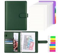 AKONEGE A5 Ring Binder 6 Ring PU Leather Refillable Notebook with 135PCS A5 Refill Papers, 3PCS Binder Pockets, 6PCS Index Dividers, Sticky Tabs, Planner Organizer for Travel Work School, Dark Green