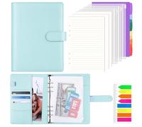 AKONEGE A5 Ring Binder 6 Ring PU Leather Refillable Notebook with 135PCS A5 Refill Papers, 3PCS Binder Pockets, 6PCS Index Dividers, Sticky Tabs, Planner Organizer for Travel Work School, Mint Blue