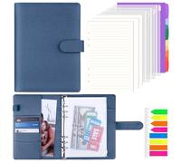 AKONEGE A5 Ring Binder 6 Ring PU Leather Refillable Notebook with 135PCS A5 Refill Papers, 3PCS Binder Pockets, 6PCS Index Dividers, Sticky Tabs, Planner Organizer for Travel Work School, Glitter Blue