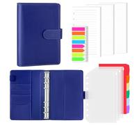 AKONEGE A6 6 Ring Binder PU Leather Refillable Notebook with 135PCS A6 Refill Papers, 3PCS Binder Pockets, 6PCS Index Dividers, Sticky Tabs, Planner Organizer for Travel Work School, Navy Blue