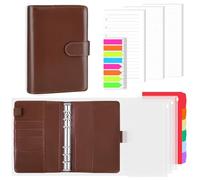 AKONEGE A6 6 Ring Binder PU Leather Refillable Notebook with 135PCS A6 Refill Papers, 3PCS Binder Pockets, 6PCS Index Dividers, Sticky Tabs, Planner Organizer for Travel Work School, Brown