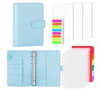 AKONEGE A6 6 Ring Binder PU Leather Refillable Notebook with 135PCS A6 Refill Papers, 3PCS Binder Pockets, 6PCS Index Dividers, Sticky Tabs, Planner Organizer for Travel Work School, Mint Blue