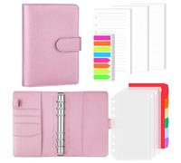 AKONEGE A6 6 Ring Binder PU Leather Refillable Notebook with 135PCS A6 Refill Papers, 3PCS Binder Pockets, 6PCS Index Dividers, Sticky Tabs, Planner Organizer for Travel Work School, Glitter Pink