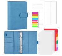 AKONEGE A6 6 Ring Binder PU Leather Refillable Notebook with 135PCS A6 Refill Papers, 3PCS Binder Pockets, 6PCS Index Dividers, Sticky Tabs, Planner Organizer for Travel Work School, Sky Blue