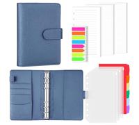 AKONEGE A6 6 Ring Binder PU Leather Refillable Notebook with 135PCS A6 Refill Papers, 3PCS Binder Pockets, 6PCS Index Dividers, Sticky Tabs, Planner Organizer for Travel Work School, Glitter Blue